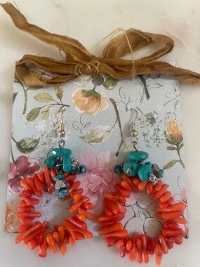 Handmade Orange genuine Coral Hoop Earrings with Turquoise Accents